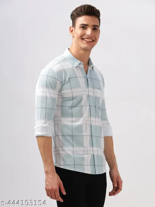Bullmer Men's Checked Regular Spread Collar Blue Shirts
