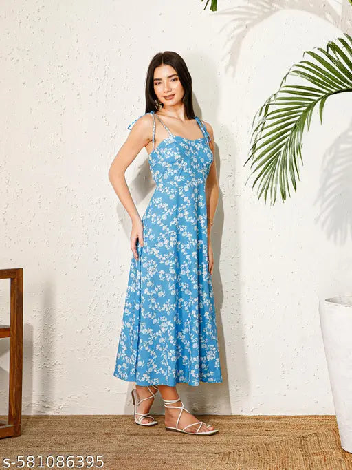 Berrylush Women Blue Floral Print With V-Neck & Puff Sleeves A-Line Midi Dress
