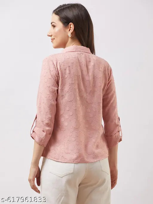 Globus Women Pink Collared V-neck Roll-up Sleeves Floral Self Design Shirt Style Top