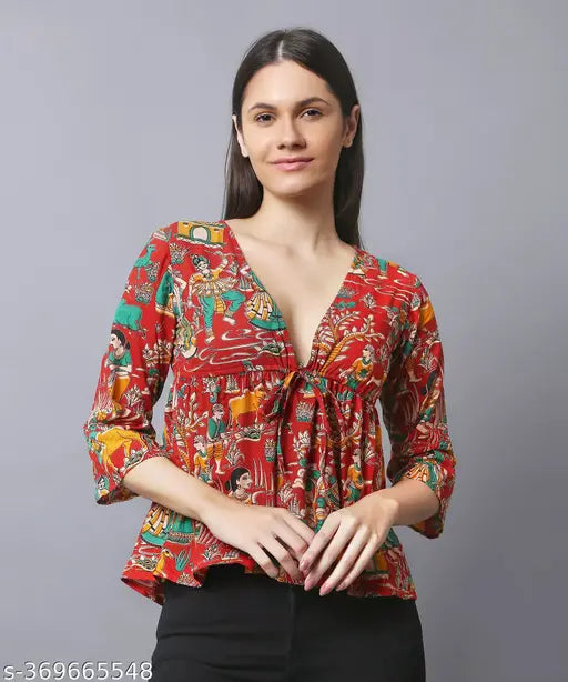The Seamsters Crew Women’s Kalamkari Printed Cotton Tie Up Waist Empire Top