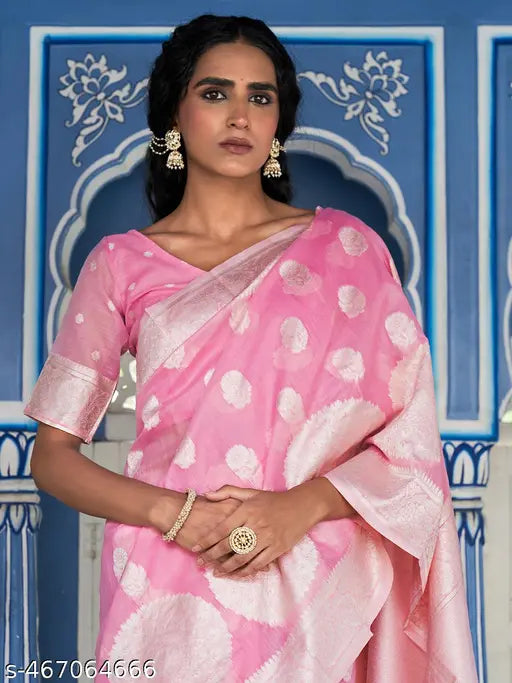Janasya Women's Pink Linen Cotton Woven Floral Design Saree with Unstitched Blouse Piece