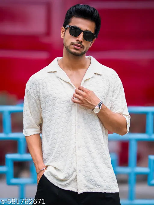 Maniac Mens Solid Puff Textured Collared Neck Cream Shirt