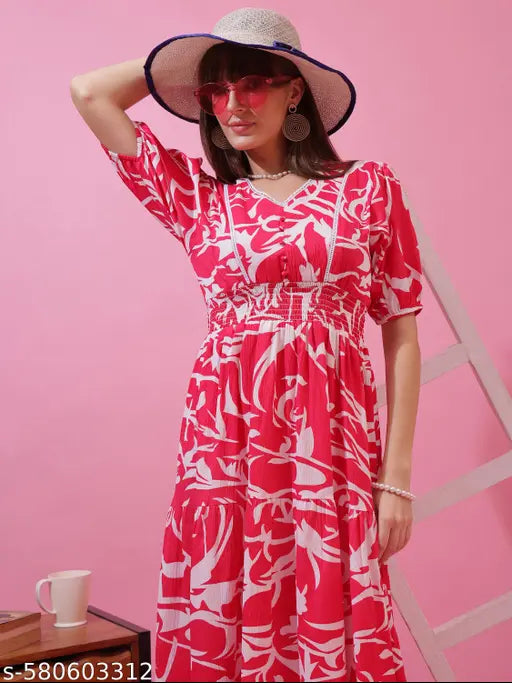 Honky Tonky Pink & White Abstract Printed Fit & Flare Midi Dress