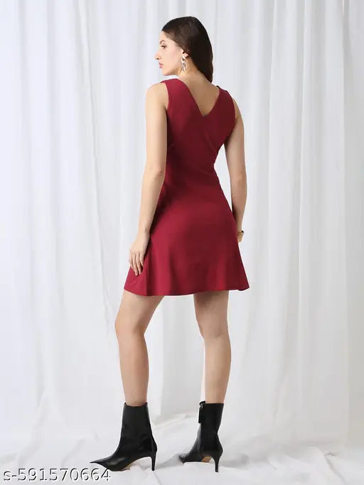 Globus Women V-Neck Sleeveless Self Design Pleated Detail Mini Fit & Flare Dress