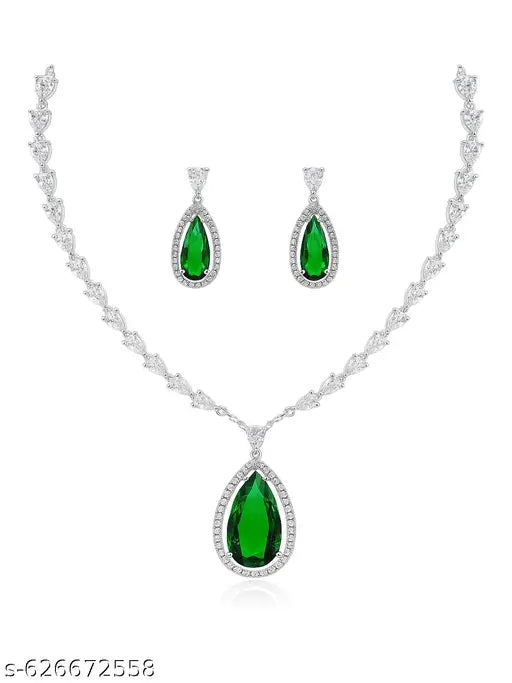 Elegant Rhodium Plated SD STONE  Necklace Set, Sleek Style Teardrop Pendant with Matching Earrings, Crystal Studded Wedding Jewelry
