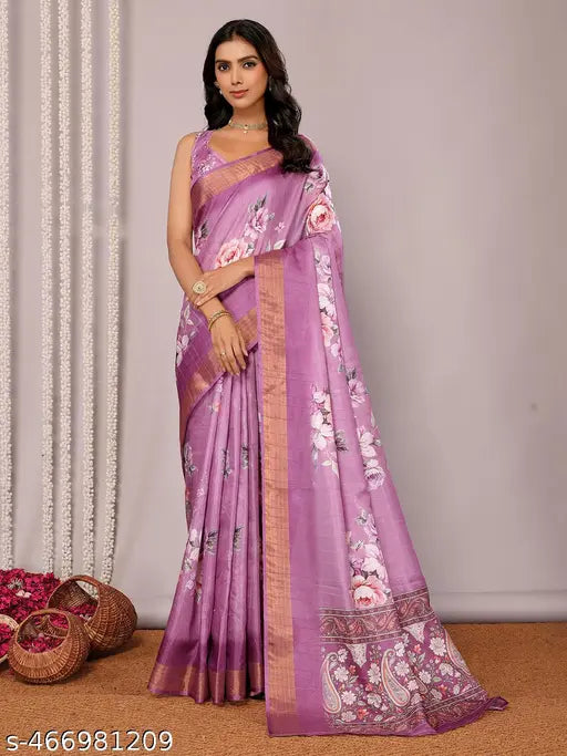 Janasya Women's Purple Chanderi Silk Floral Printed Chanderi Saree with Blouse Piece