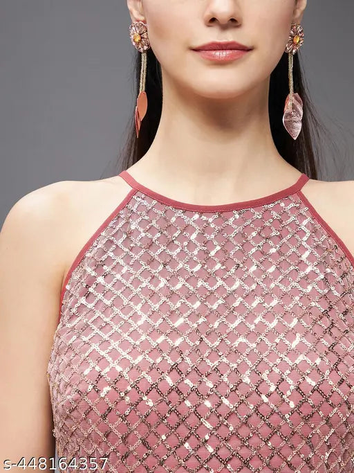 Miss Chase Women's Brick Red Georgette Halter Neck Sleeveless Embellished Layered Maxi Dress