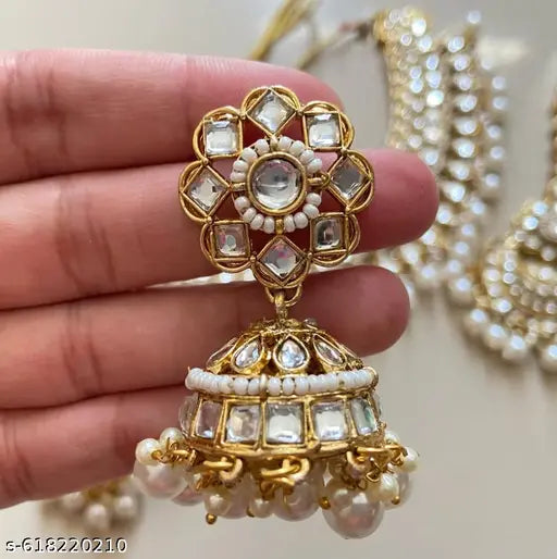 Royal Gold White Pearl Kundan Bridal Choker Necklace Set for Women & Girls | Wedding Jewellery Set with Earrings & Maang Tikka