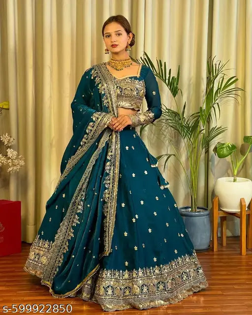 NEW WOMEN LEHENGA CHOLI WITH HEAVY EMBROIDERY THREAD SAQUENCED WORK