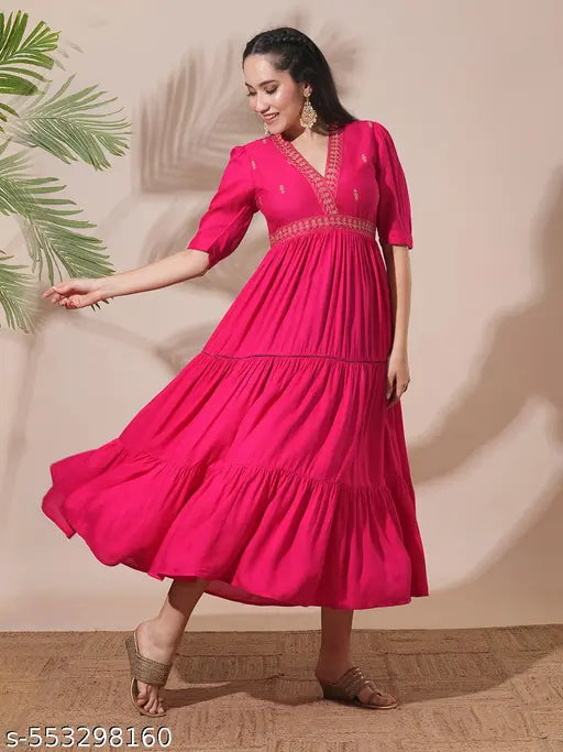 Globus Women Pink Embroidered V-Neck Puff Sleeves Gathered & Tiered A-Line Midi Festive Dress