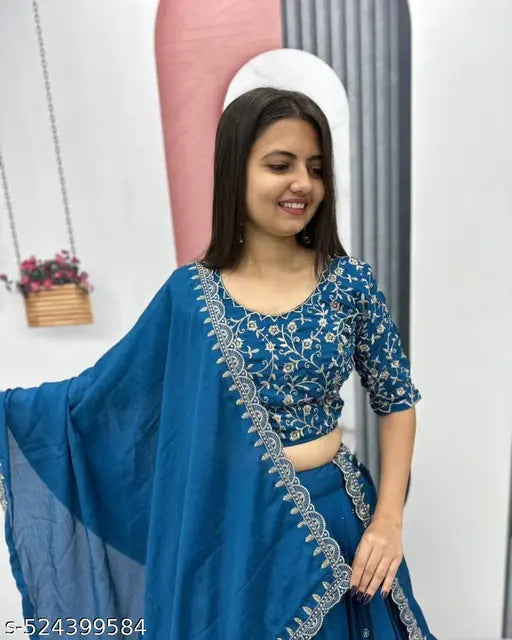Blue Color Embroidery Work With Silk Lehenga Choli