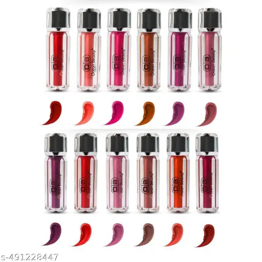 Ocean Beauty Professional 12pc Piece Long Lasting Liquid Lipstick Set Tint Oil Gloss Korean Lipsticks In Waterproof For Girls And Women Cute Combo Set Multicolor Nude Shade Red Pink Brown Matte Finish.
