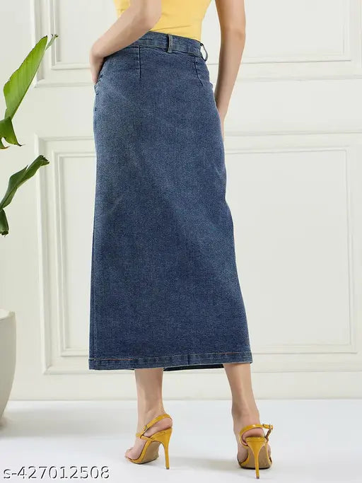 Women Solid A-Line Denim Skirt With Front Slit