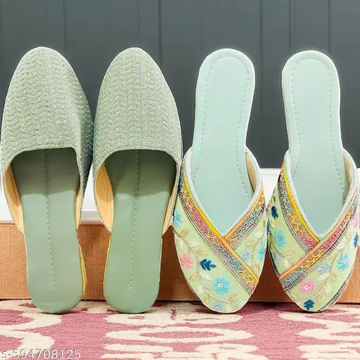 Women’s Stylish Green Jutti & Embroidered Rajasthani Mojari Combo, Designer Punjabi Jutti for Girls, Traditional Wedding Party Wear Footwear, Comfortable Slip-On Ethnic Flats, Trendy Daily Wear & Festive Wear & Affordable Stylish Footwear Collection Must-