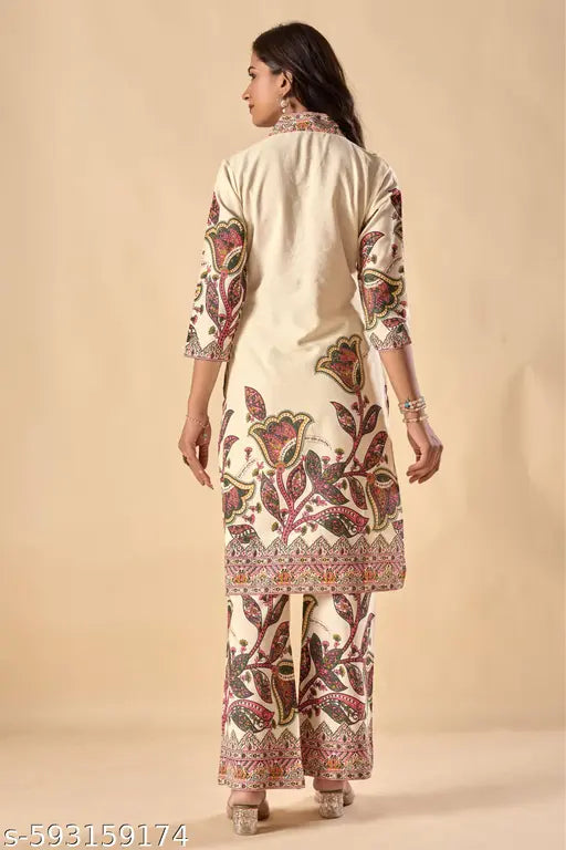 Vbuyz Women'S Off-White Floral Print Straight  Cotton Stitched Kurta With Palazzo