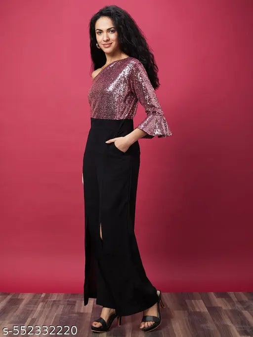 Globus Women Pink Solid One Shoulder Party Wear Jumpsuit