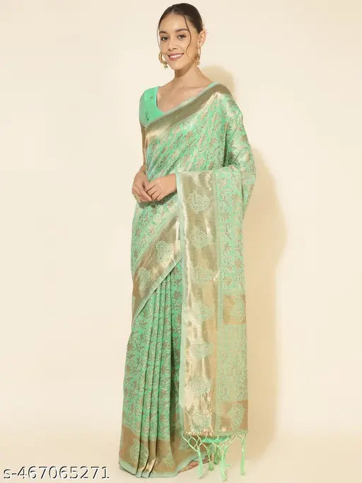Janasya Women's Light Green Chanderi Silk Floral Saree with Unstitched Blouse Piece