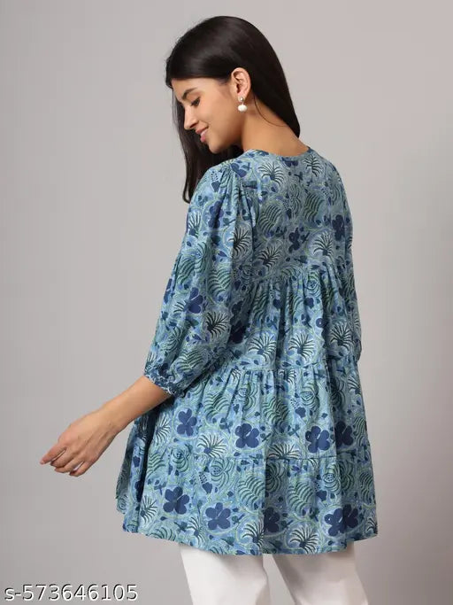 FABRIC FITOOR Trendy Blue Floral Printed Cotton Flared Women’s Top Trendy Blue Floral Printed Cotton Flared Women’s Top(Blue)
