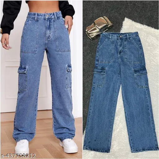 Modern Edge Jeans,  High-Waist 6Pocket Stone Blue Jeans – Baggy Style with Side Pockets & Flap Pocket Denim Cargo