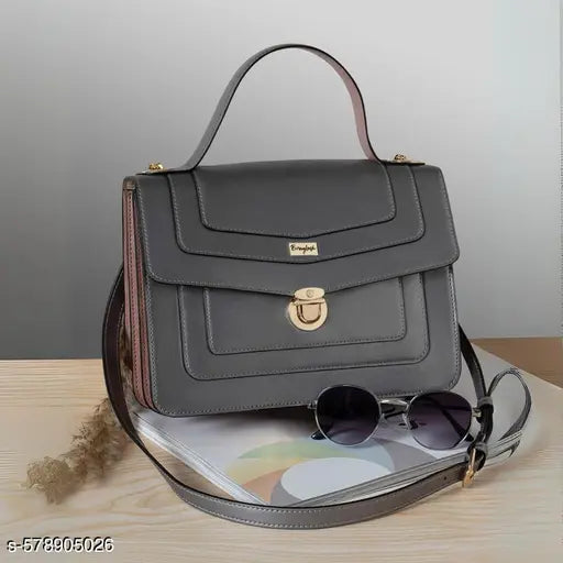 Berrylush Women Solid Grey PU One-Handle Detachable Strap Push-Lock Embellished Sling Bag