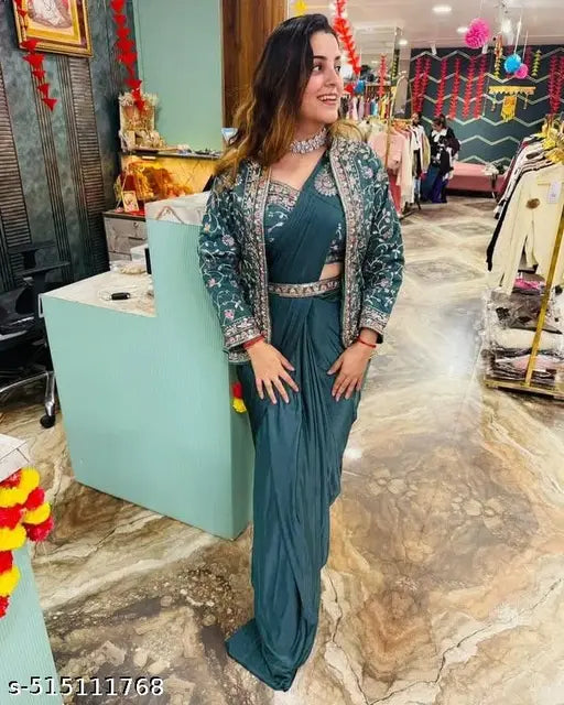 Japan Satin Silk Fancy Thread Work With Sequence Work  Ready To Wear Saree