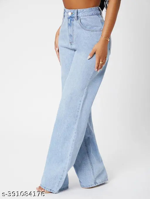 H&H Classy Ice Blue Reagular Wear Wide Leg Denim Jeans For Women | Jeans | Wide Leg Denim | Jeans For Girls |