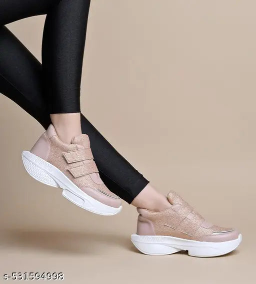 JM Looks Women Casual Sneakers Shoes with Double Velcro Straps Comfortable Cushion Footbed for casual, workouts, travel - Peach