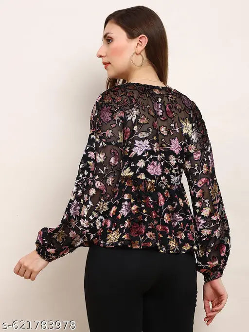 Globus Women Black Floral Self Design Tie-Up Neck Bishop Sleeves Peplum Party Top