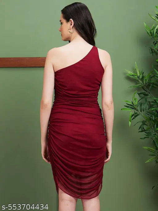 Globus Women Wine Solid Polyester One Shoulder Slim Fit Ruched Bodycon Party Dress