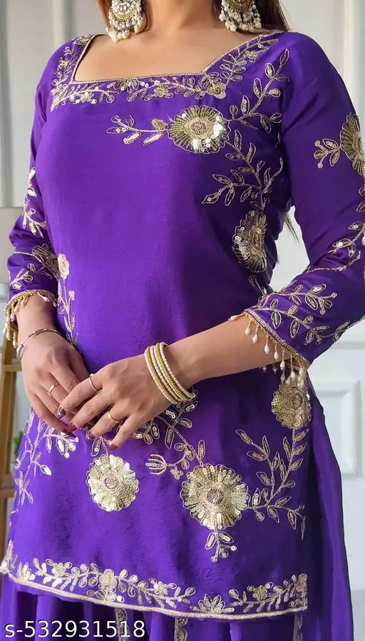 Pure Heavy  Chinon  Silk fabric  With Heavy Embroidery Multi Needle Sequence Work With Full Embroidery Sleeve and sharara for girls