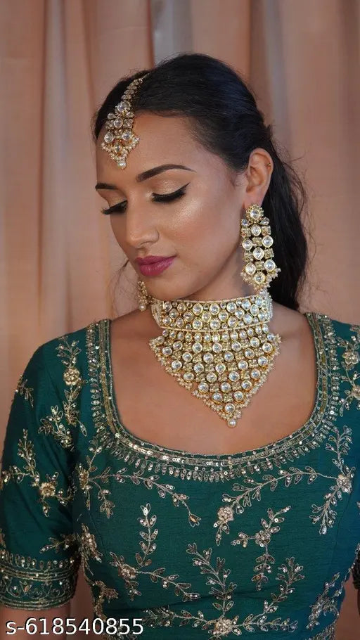 Royal Gold White Pearl Kundan Bridal Choker Necklace Set for Women & Girls | Wedding Jewellery Set with Earrings & Maang Tikka