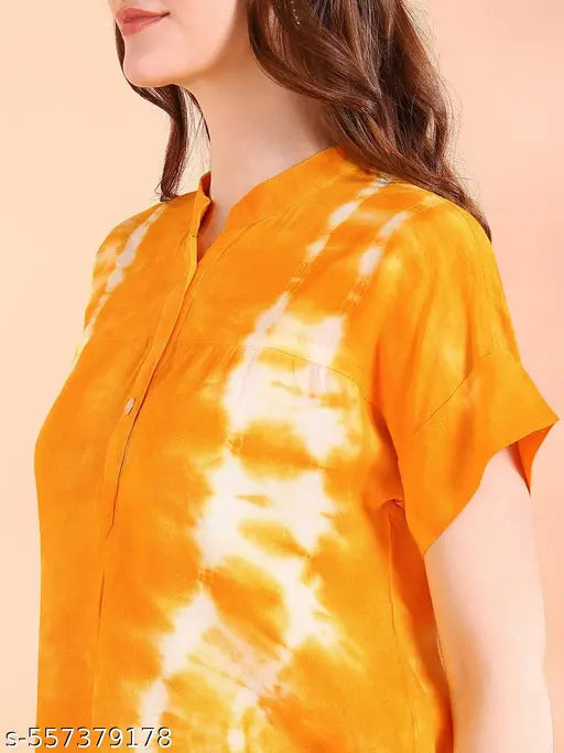 Women's Orange Tie-Dye Mandarin Collar Cotton Shirt