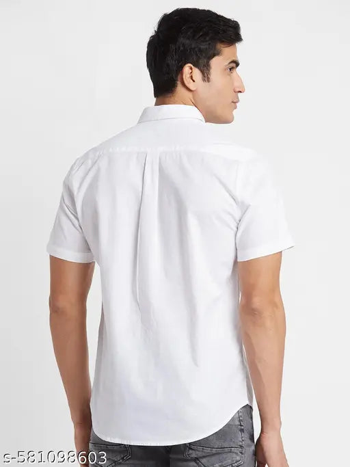 Globus Men White Solid Cotton Regular Fit Casual Shirt