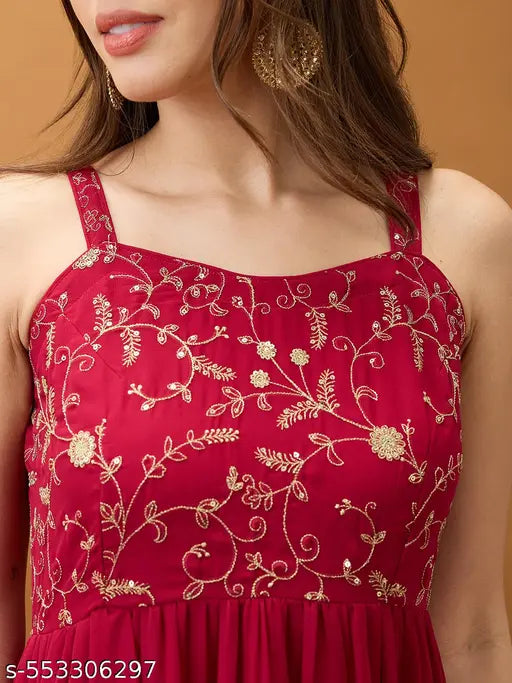 Globus Women Neck Strappy Shoulder Floral Embroidered Tiered Maxi Fit & Flare Festive Dress