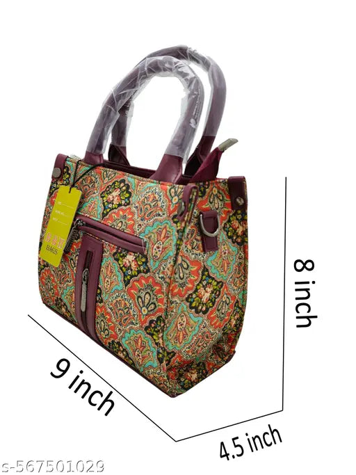 Printed Jute Handcrafted Vegan Leather Multicolor Women's Satchel Bag | Ladies Purse Handbag | Double Handle Detachable Strap