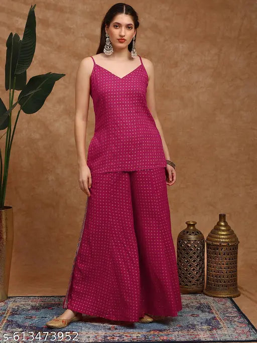 Globus Women Pink Ethnic Gold Foil Print V-Neck Tie-Up Shoulder Strap Tassel Detail Top & Palazzos Fusion Co-Ord Set