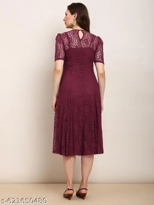 Globus Women Red Round Neck Puff Sleeves Flared Hem Panelled Floral Lace A-Line Midi Party Dress