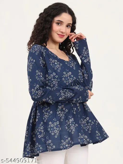 Divena Blue Floral Printed V Neck Cotton Top