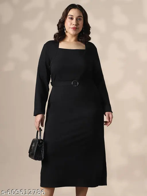 Globus Gloplus Women Black Square Neck Full Sleeves Belted Side Slit Plus Size Midi Bodycon Dress