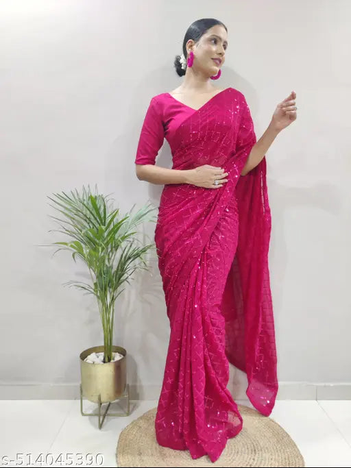 Honeycomb Sequins Work Georgette Fabric Bollywood Style Saree