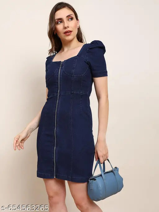 Globus Women Navy Blue Square Neck Puff Sleeves Zip Detail Mini Bodycon Denim Dress