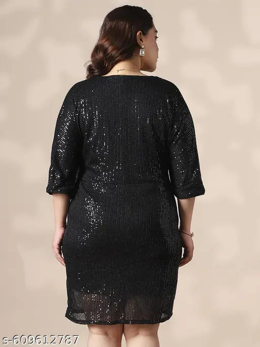 Globus Gloplus Women Black V-Neck Extended Sleeves Twisted Detail Sequinned Mini Sheath Plus size Party Dress
