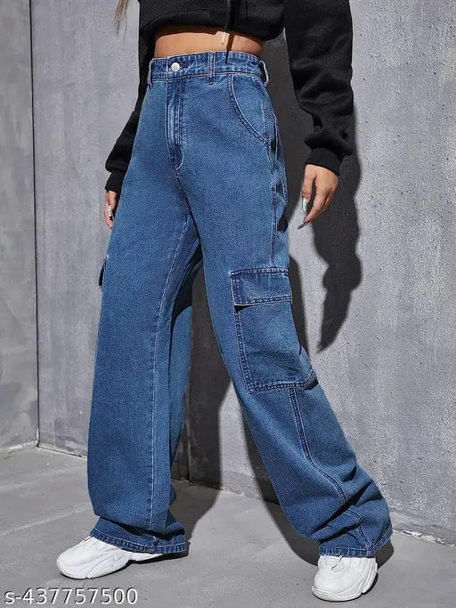 Modern Edge Jeans,  Relaxed Fit 6Pocket Stone Blue Jeans – Women & Girls, High-Waist Style Side Pocket Cargo