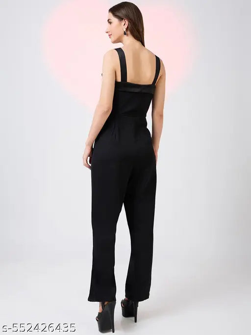 Globus Women Black Neck Strappy Sleeves Double Breasted Workwear Jumpsuit