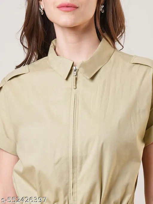 Globus Women Beige Extended Sleeves Shirt Collar Waist Tie-Up Front Zip Closure Playsuit