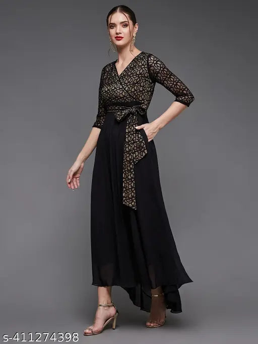 Miss Chase Women's Black Self-Designed Relaxed Fit V-Neck 3/4th Sleeve Georgette And Lace Maxi Dress