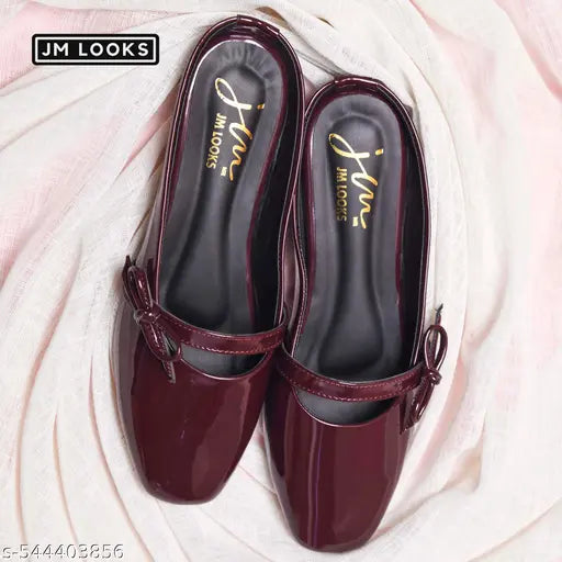Women's Glossy Patent Slip-On Mules with Bow Detail Flat Sandal Comfortable Cushion Footbed for Office Party & Casual Wear- Wine