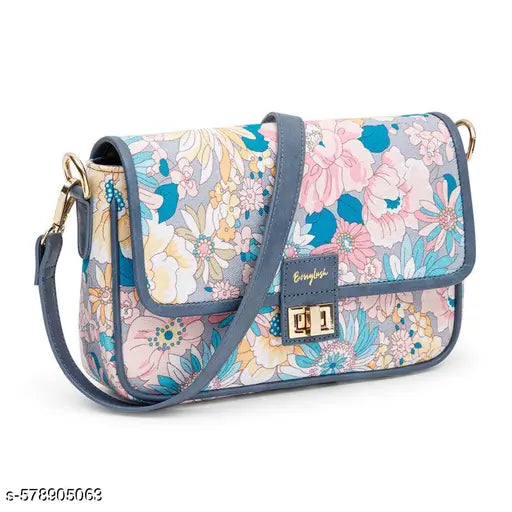 Berrylush Women Blue & Pink Floral Printed Cotton Detachable Sling Strap Structured Shoulder Bag