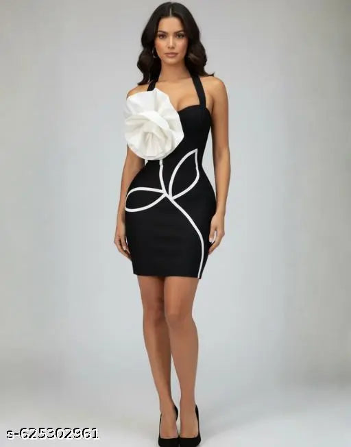 Ekeshwara Women's Black Halter Bodycon Dress with Oversized White Floral Appliqué