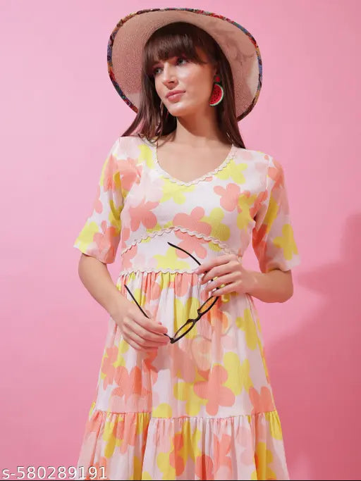 Sheetal Associates Yellow Floral Printed V-Neck Flared Midi Dress